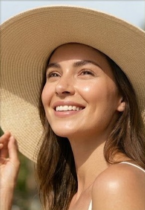A woman wearing a wide-brimmed straw hat smiling in the sun, illustrating how to protect a brightened complexion from UV-induced hyperpigmentation.