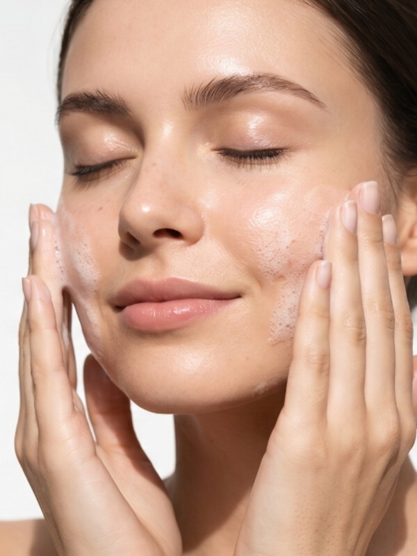 A close-up of a woman with a healthy, youthful complexion massaging a gentle foam cleanser into her skin to speed up cellular turnover.