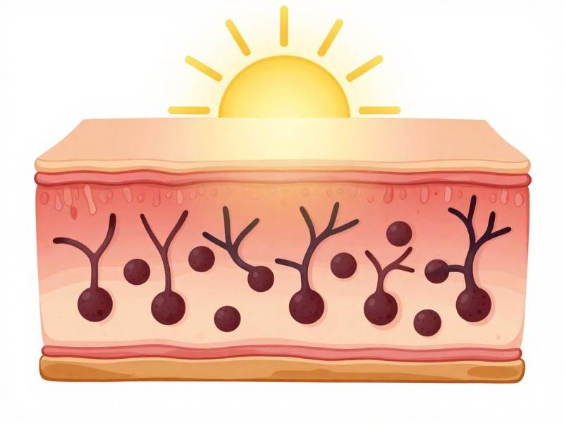 Microscopic diagram answering does skipping sunscreen cause hyperpigmentation by showing how UV radiation triggers melanocytes to overproduce melanin.