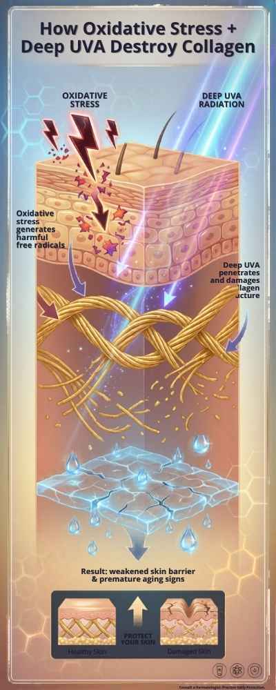 Infographic demonstrating how oxidative stress and deep UVA radiation destroy collagen, leading to a compromised skin barrier and severe premature aging.