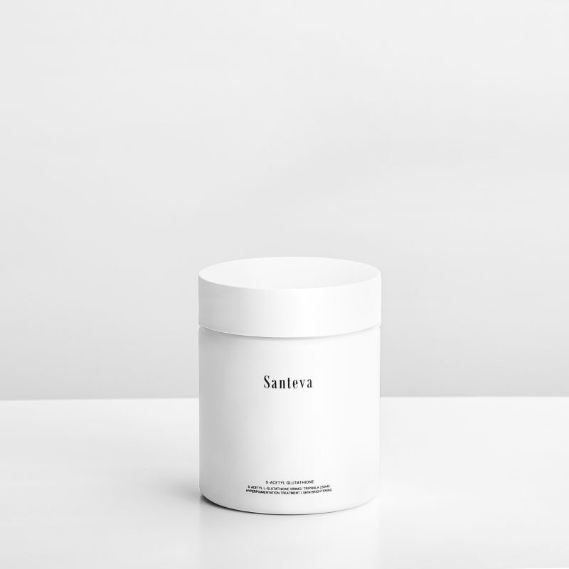Santeva S-Acetyl L-Glutathione Supplement Professional studio shot of Santeva S-Acetyl L-Glutathione supplement bottle, a highly bioavailable antioxidant for internal skin brightening and evening skin tone.